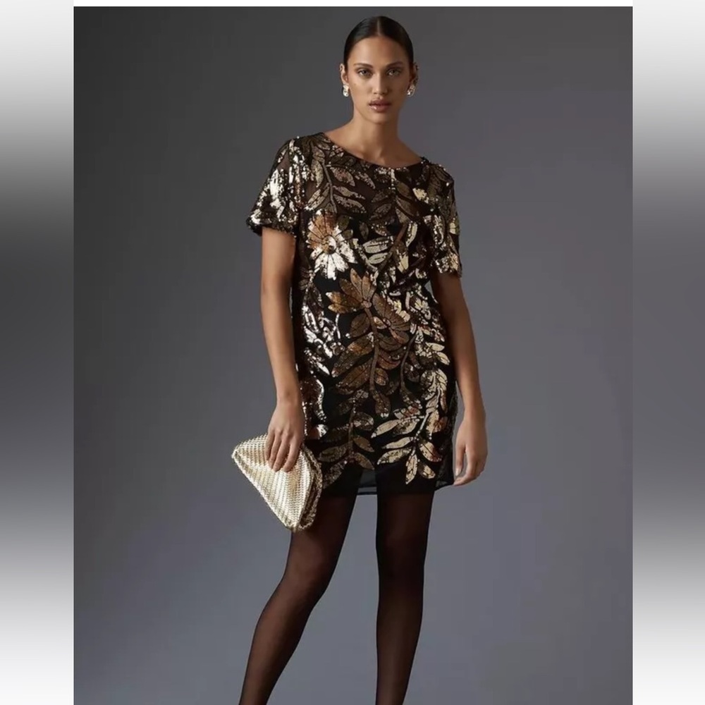 Anthropologie Maeve Short-Sleeve Sheer Embellished Mini Dress